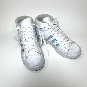 Adidas Pro Model High Top Sneaker White Holographic Iridescent Stripes Sz 5.5